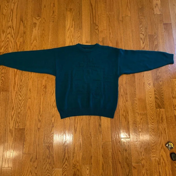 Vintage 90s Eddie Bauer Mens Large 100% Cotton Knit Dad Sweater Green - Picture 4 of 16